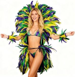 anpingift Mardi Gras Feather Costume Set Pro Max - Purple Green Gold Large Feather Cape, Headpiece Headdress, Leg Wraps and Full Outfit for Carnival Dance Party