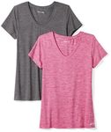 Amazon Essentials Women's Tech Stretch Short-Sleeved V-Neck T-Shirt (Available in Plus Sizes), Pack of 2, Charcoal Heather Space Dye/Raspberry Red Space Dye, S