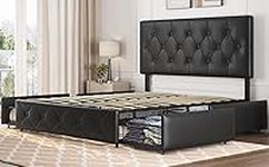 costoffs Black 5FT King Bed Frame Upholstered Platform Bed with Adjustable Headboard-Base Only No Mattress Included/Wood Slat Support/No Box Spring Needed/5FT King (150cm X 200cm)-4 Storage Drawers