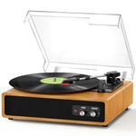 Record Player, FYDEE Vinyl Record Player with Built-in Stereo Speakers, 3-Speed 33/45/78 RPM Vinyl Player, Bluetooth Turntable for Vinyl Records, Supports RCA Output and AUX Input - Natural Wood