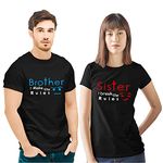 Hangout Hub HH6 Brother Sister Tshirts | Sibiling Cotton T-Shirt | Brother Makes Rules Sister Break Rules Printed (Black;Men XL;Women M) Printed Regular Fit (Pack of 2 | Half Sleeves)