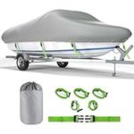 17ft - 19ft 600d Heavy Duty Boat Cover, Waterproof Boat Cover，for V-Hulls, Tri-Hulls, Fishing Boats, Rowboats, Bass Boats, 1.5-Inch Green Tightening Strap,Boat Cover with Fluorescent Strip