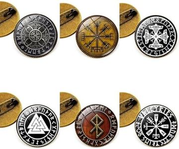 6 Pezzi Spilla a forma di bussola vichinga, Vetro e cabochon in acciaio INOX, Stile rétro con stampa runica, Simbolo di Odino del norreno vichingo Warrior Jewelry(Bronzo)