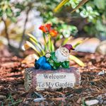 Alpine Gnome Laying on 'Welcome To My Garden' Sign Statue, 9 Inch Tall