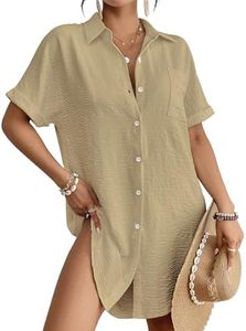 Bsubseach Women Swimsuit Coverup Shirt Dress Button Down Bathing Suit Cover Up Beach Vacation Outfits Khaki XXXL