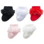 Baby Girl Socks Eyelet Triple Lace Ruffle Socks Turn Cuff Socks 2/3/5 Pairs Ankle Dress Sock for Newborn Infant Toddler, A_black White Red Pink Cream, 5 Pairs, 3-12 Months