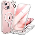Miracase Glass Series for iPhone 15 Case [Compatible with MagSafe] Full-Body Magnetic Bumper Case with Built-in 9H Tempered Glass Scratch-Proof Screen Protector + Camera Lens Protector, Clear Glitter