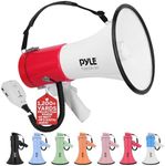 Pyle 50W Megaphone Bullhorn - Portable, Automatic Siren & Adjustable Volume,Projection Range Up to 1200 Square Yards, Aux Input, Talk, Siren, Music, Whistle, & Record, Shoulder Strap (White-Red)