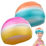 YRVCT Swimming cap children's long hair 2 Pack for Kids thickening colourful Gradient, Silicone Swimming Hat Waterproof swimming cap Girls Boys Kids Teens Children