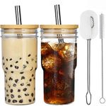 ALINK 2-Pack Glass Tumbler with Lid and Straw, 22oz Reusable Cup Bubble Tea Cup, Iced Coffee Cups, Mason Jar Drinking Glasses, Smoothie Juice Cup Bottle