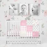 Crib Bedding Sets for Girls - 3 Piece Floral Pink Plaid Set for Baby Girl Nursery Decor | Quilt Blanket, Crib Sheet, Skirt | Flowers Arrow Buffalo Plaid (Pink Floral Collection) (Pink Floral)