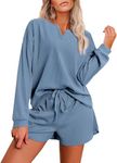 Ekouaer Womens Lounge Set Long Sleeve Waffle Pajamas Shirt Thick Loungewear for Winter(Blue,X-Large)