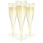 100 Plastic Champagne Flutes | Disposable Champagne Flute | Gold Glitter Plastic Champagne Glasses for Parties - Mimosa Bar, Events, Wedding and Shower Party Supplies