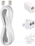 KINXIYU Phone Cord 15FT, Landline Telephone Cable with RJ11 Plug, Includes Telephone Inline Coupler RJ11 Splitter and 10pcs Cable Clips(White)