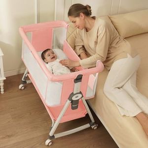 KOLOIO 3 in 1 Baby Bassinet, Stable Bedside Crib with 6 Adjustable Heights, Breathable Mesh Infant Bassinet with Mosquito Net, Lockable Wheels and Large Storage Basket