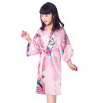 PythJooh Girls Kimono Dressing Gowns, 1-13Years Kids Peacock and Blossoms Satin Silky Kimono Bathrobes Dress for Spa Wedding Party