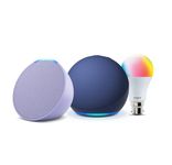 Amazon Echo Dot (5th Gen, Blue) and Echo Pop (Purple) combo with Wipro 9W LED Smart Bulb