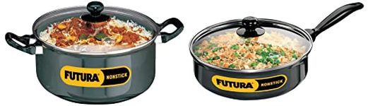 Hawkins Futura Non-Stick Stewpot with Glass Lid, 5 litres & Futura Non-Stick Saute' Curry Pan with Glass Lid, 3.25 litres Combo, 5 Liter,Black