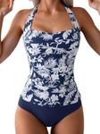 Eomenie Womens Halter Tankini Bathing Suit Ruched Tummy Control Two Piece Swimsuit with Bottom, Navy Blue Leaf, Medium