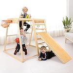 Ogelo Indoor Playground Toddler Wood Playset 9-in-1 with Climber, Slide,Basketball Frame, Swing, Jungle Gym, Swedish Ladder, Monkey Bars, Rope Ladder, Rock Wall Dome, Climber for Ages 1-7