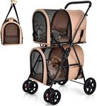 Giantex Double Pet Stroller with 2 Detachable Carrier Bags, Safety Belt, 4 Lockable Wheels Cat Stroller Travel Carrier Strolling Cart, Folding Dog Stroller for Small Medium Dogs Cats Puppy (Beige)