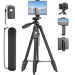 63" Tripod Stand for 4"-13" Phone & Tablet, Camera Tripod Stand with Rechargeable Remote & Bag, Aluminum Professional Tripod 2 in 1 Mount & 1/4" Screw Tripods for iPhone, iPad, Camera, Projector