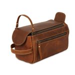 Genuine Buffalo Leather Unisex Toiletry Bag Travel Dopp Kit Shaving kit (Distressed Orange Tan)