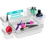 Clear Drawer Organiser Trays Set – Makeup Organiser Tray for Drawers – Versatile Makeup, Cosmetics, and Utensil Storage for Bedroom, Office, and Kitchen- Cutlery Set Divider In 4 Sizes (9 PCS)