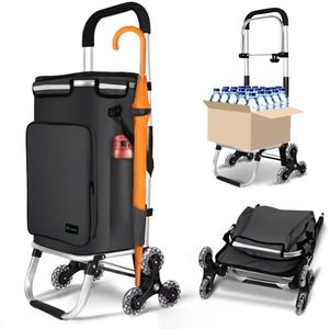 VOUNOT® Folding Shopping Trolley on 6 Wheels, Aluminium Lightweight Shopping Cart with Insulated Cooling Bag, 2 Hooks, 2 Side Pockets, Stair Climbing Grocery Trolley, 60L Black