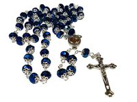 Deep Blue Crystal Beads Religious Rosary Catholic Necklace Holy Land Soil Medal Cross Crucifix