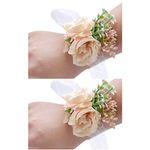 Fiwisora Wrist Corsage 2 Pcs Set Fabric Roses Wedding Bridal Corsage Bridesmaid Wrist Flowers Corsage Wristband for Wedding Prom Party Homecoming Graduation Dancing, Champagne Wrist Corsage