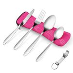 Vicloon Cutlery Set with Portable Pouch Case, 5PCS Stainless Steel Flatware Set with Bottle Opener, Travel Cutlery Set Spoon Knife and Fork for Camping Picnic Office School Lunch, Rose Red