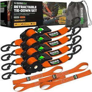 Rhino USA Retractable Ratchet Tie Down Straps (4PK) - 3,033lb Max Break Strength, Includes (4) Ultimate 2" x 10' Autoretract Tie Downs with Padded Handles