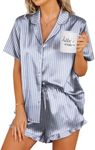 Ekouaer Silk Pajamas Womens Short Sleeve Sleepwear 2 Piece Satin Pjs Shorts Set Button Down Loungewear Striped Grey Blue M