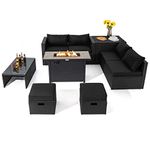 Tangkula 9 Pieces Outdoor Wicker Sectional Sofa with 42” 60,000 BTU Gas Fire Pit Table, Space-Saving Patio Conversation Set with Storage Box, Propane Fire Table, Waterproof Cover Included (Black)