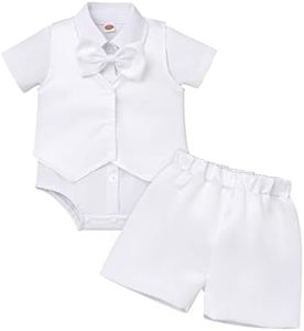 IDOPIP Baptism Christening Outfits for Boys Baby Formal Suit Gentleman Bowtie Romper Vest Shorts White Wedding Tuxedo Outfit, White, 12-18 Months