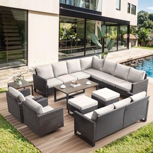 HUMMUH 10 Piece Patio Furniture Set PE Wicker 12-Seater Outdoor Sectional Sofa Set with Patio Swivel Chairs Dinning Table Ottomans for Porch,Garden,Backyard,Deck(Brown/Beige)