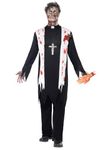 Smiffys Zombie Priest Costume, Black with Blooded Top, Latex Wound, Collar & Trousers, Halloween Zombie Alley Fancy Dress, Zombie Dress Up Costumes