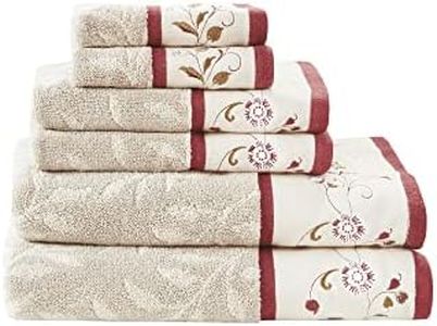 Madison Park Serene 100% Cotton Bath Towel Set Luxurious Floral Decorative Towels for Bathroom Embroidered Cotton Jacquard Design Soft Highly Absorbent for Shower 600 GSM, Multi-Sizes, Red 6 Piece