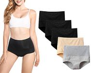 Kinyanco 5-Pack Women's High Waist Tummy Control Panties Cotton Underwear No Muffin Top ( 5-Pack Black,Grey,Beige, Large)