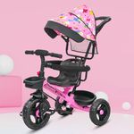 Kidsmate Deluxe 4-in-1 Tricycle for Kids with Adjustable Canopy | Durable Plug & Play Baby Trike with Safety Rail & Push Handle for Parents | Safe & Comfortable Ride for Toddlers 12-48 Months - Pink