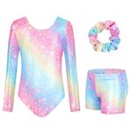 JiAmy Gymnastics Leotards for Girls with Shorts Set, Long Sleeve Kids Gymnastics Athletic Outfit for Kids 3-12 Years