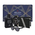 Relish Gift Combo Box of Men's Black Analog Leather Strap Watch, Texture Wallet, Long Lasting Perfume and Sunglasses