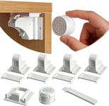 Magnetic Cabinet Locks 4 Locks + 1 Key, Baby Proofing Child Safety Locks for Cabinets and Drawers, Invisible No Drill Adhesive Design with Easy Installation Template & Screws, Starter Kit