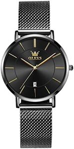 OLEVS Black Watch for Women Big Face Minimalist Ladies Watch for Small Wrists Stainless Steel Mesh Bracelet Women's Dress Watch with Date Casual Fashion Thin Female Watches for Women ​Waterproof