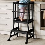 COSYLAND Kids Kitchen Step Stool Helper Baby and Toddler Multi-Function Step up Nursery Helper Stand with Safety Rail in Natural Bamboo, Strong and Lightweight (Black)