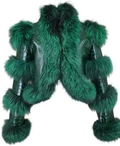 LVCOMEFF Women Sheep Leather Cropped Jacket Bolero Top Coat Motorcycle Jacket With Fox Fur Layer Long Sleeve Python Pattern (US, Alpha, X-Large, Regular, Regular, green 2)