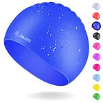 JIMJOOS Waterproof Kids Swimming Cap - 100% Silicone Durable and Odour Free Swim Hat - Stretchable, Anti slip Swim Cap - Swimming Hat for up to 8 Years With Protective Pouch (BLUE)