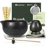 Maestri House Matcha Whisk Set, 7-Pc Complete Matcha Kit with Spouted Ceramic Bowl, Bamboo Whisk and Holder, Scoop, Spoon Rest & Sifter, Tea Cloth - Ideal Gift for Matcha Lovers (Black Stone)