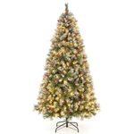 Goplus 7.5ft Pre-Lit Christmas Tree, Artificial Hinged Xmas Tree with 560 Warm-White LED Lights, 8 Lighting Modes, 1368 Branch Tips, Red Berries & Pinecones, for Holiday Party Office Home Decor